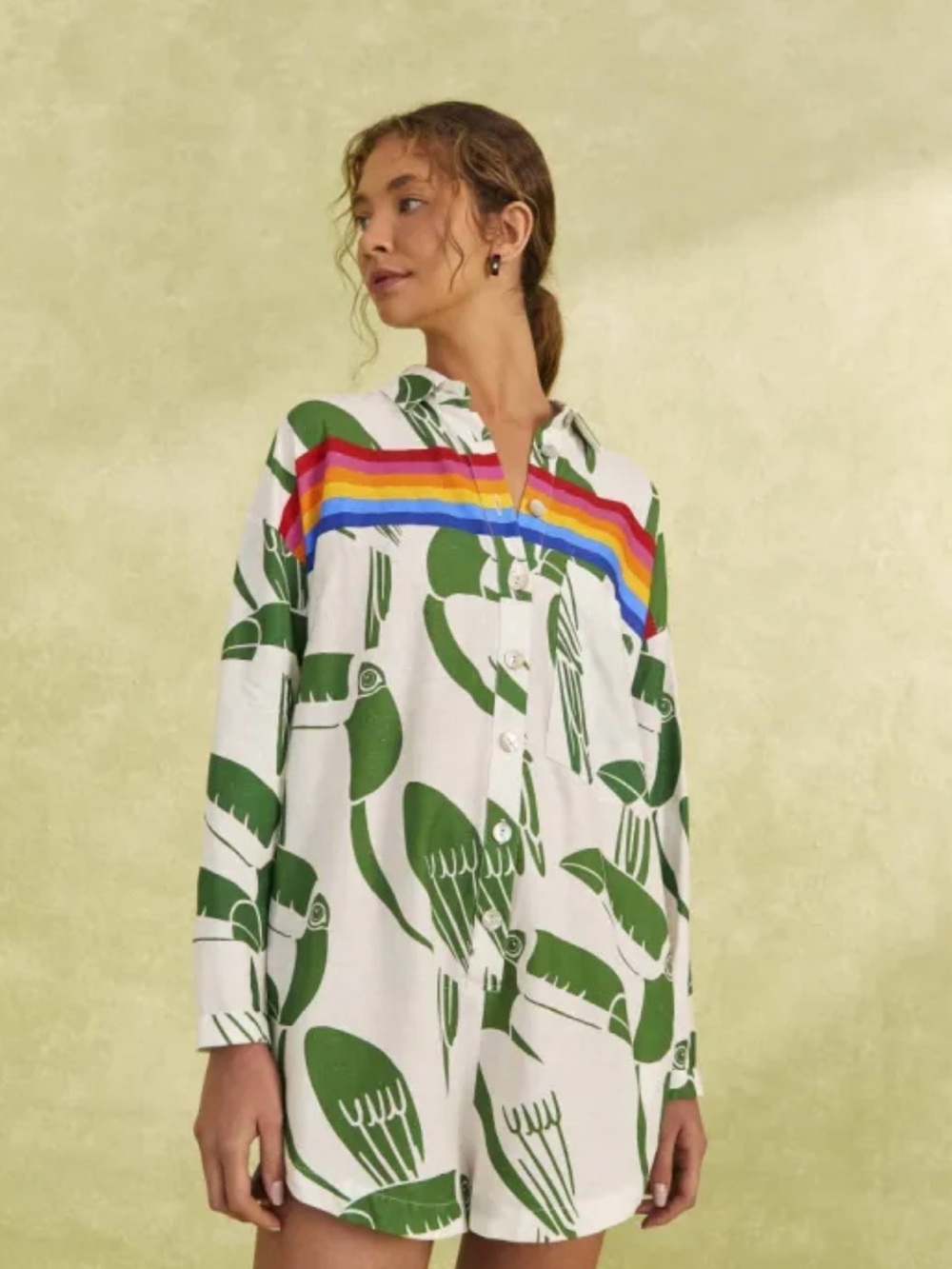 FARM Rio White Romper with Green Parrot Print and Rainbow Stripe